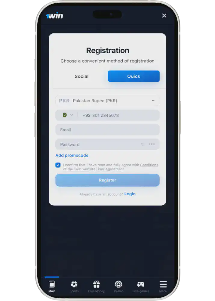 1win app register